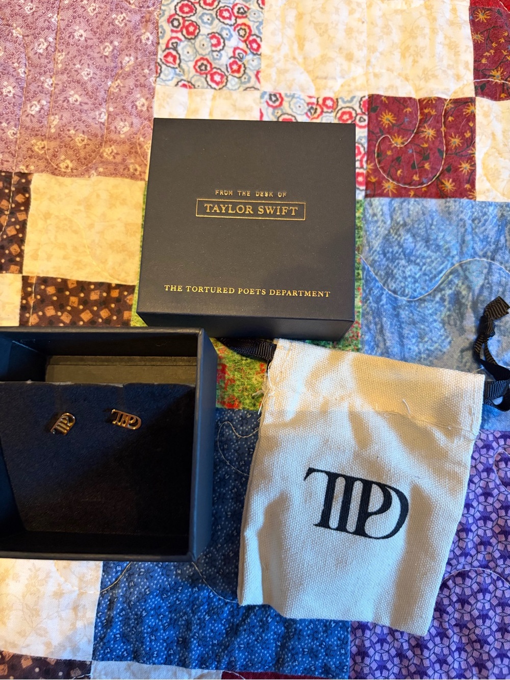 Taylor Swift Gold Tone TTP Monogram Earrings with Cream Pouch